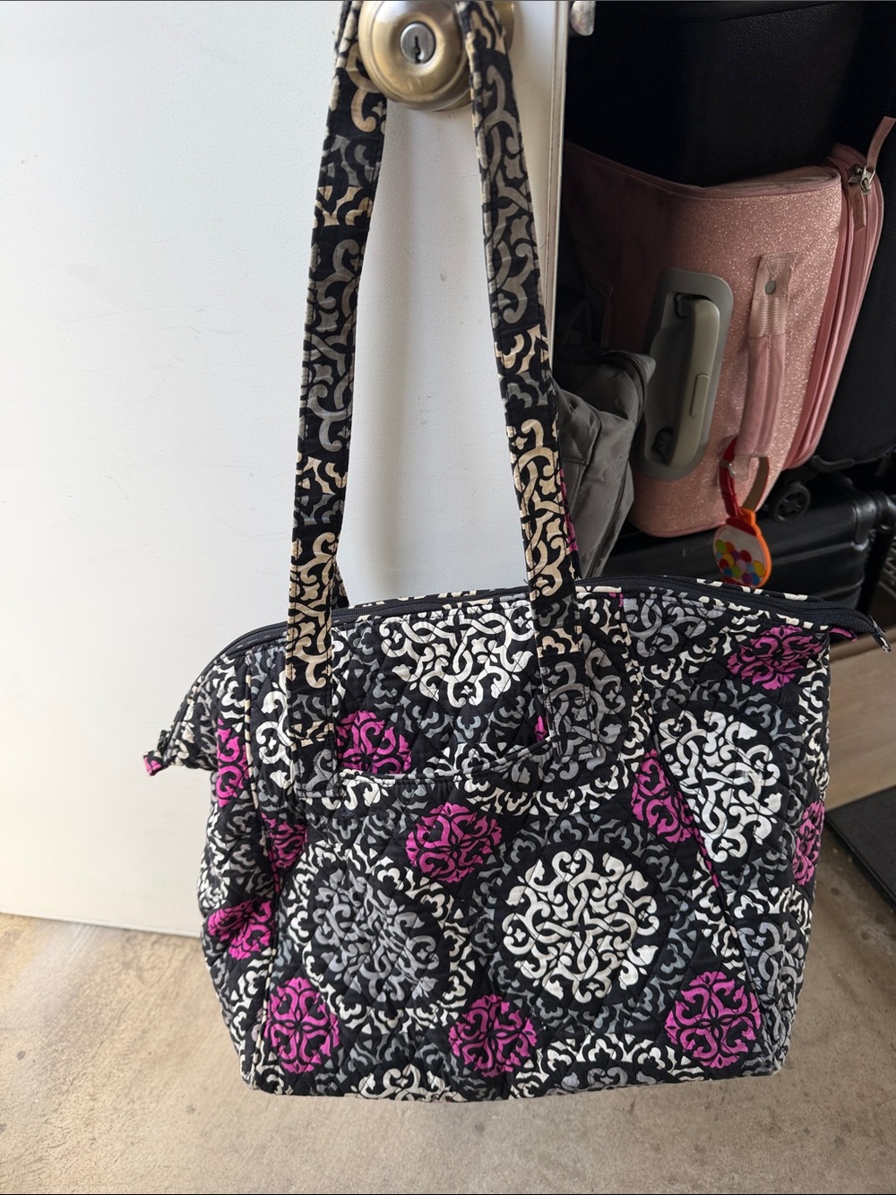 Vera Bradley Black, White & Pink Quilted Tote with Medallion Motif